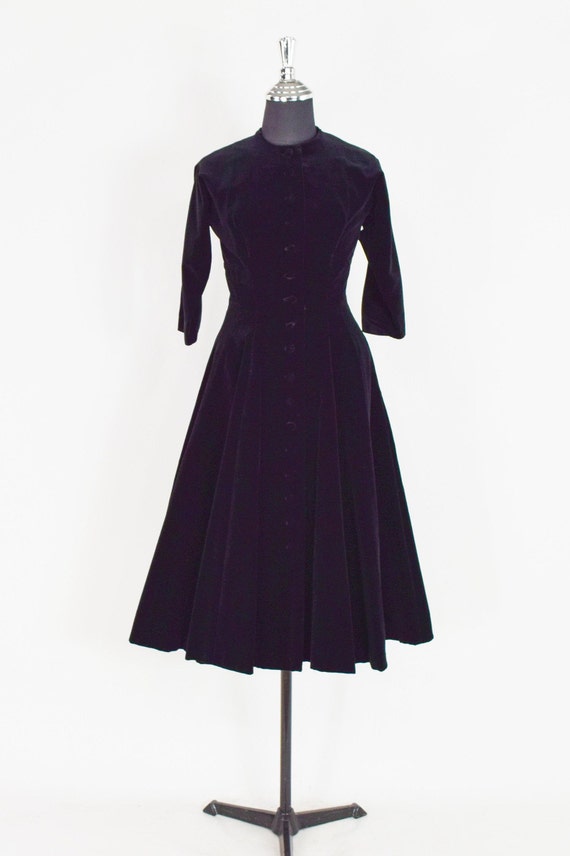 1950s Black Velvet Dress | 50s Black Cotton Velve… - image 3