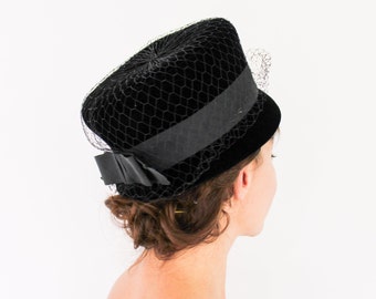 1960s Black Velvet High Crown Hat | Vintage Black Velvet Hat | Jackie O Style