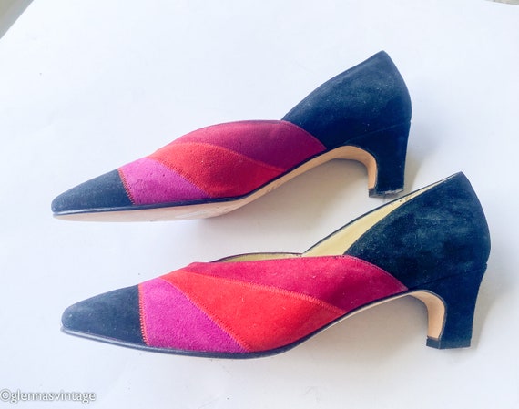 1980s Red Suede Colorful Pumps | 80s Hot Pink & R… - image 8