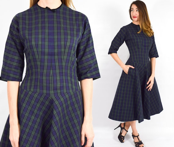 1950s Navy Plaid Cotton Dress | 50s Navy Blue Pla… - image 1