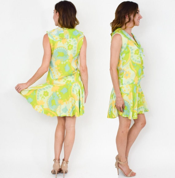 1960s Lime Green Mini Dress | 60s Green Sleeveles… - image 2