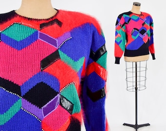 1980s Colorful Evening Sweater | 80s Red & Purple Geometric Pullover | Christine | Large