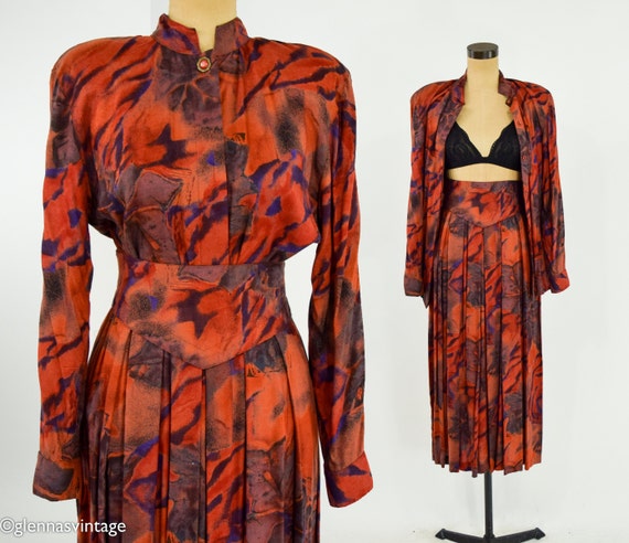 1980s Orange Fall Colors Skirt & Top Set | 80s Br… - image 8