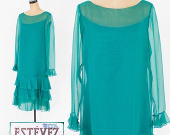 1970s Turquoise Blue Chiffon Evening Dress | 70s Turquoise Maxi Dress | Estevez | Large