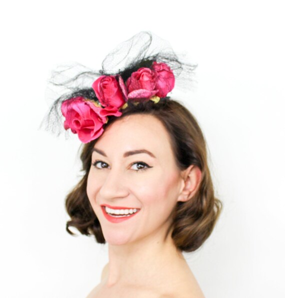 1940s Magenta Roses Fascinator | 40s Pink Roses Ti
