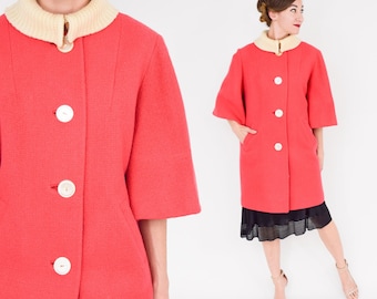 1960s Coral Wool Coat | 60s Red Woven Wool Car Coat | Betty Rose | Large