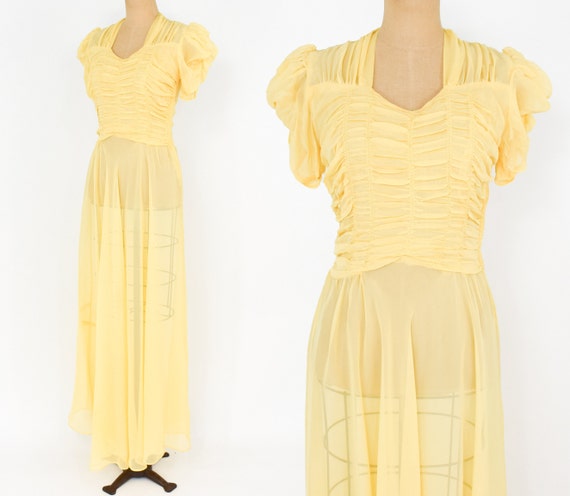 1940s Yellow Evening Gown | 40 Yellow Nylon Summer
