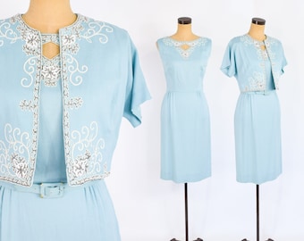 1950s Blue Beaded Dress & Jacket | 50s Turquoise Sheath Dress Jacket Set | Sydney Kramer | Medium