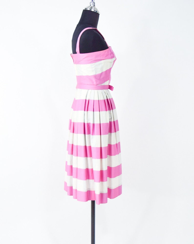 1950s Pink Stripe Cotton Dress 50s Pink Sun Dress Barbie Pink Dress Pat Primo XS image 4