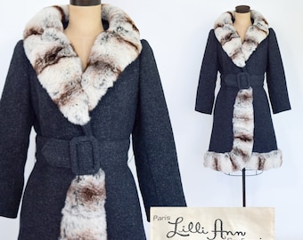 Lilli Ann | 1960s Gray Wool Coat | 60s Charcoal Wool Mod Coat | Fur Collar Trench Coat | Lilli Ann | Medium