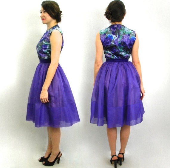 1960s Purple Floral Party Dress | 60s Purple Chif… - image 4