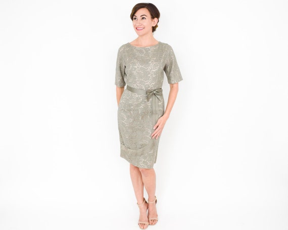 1950s Sage Green Lace Party Dress | 50s Taupe Flo… - image 3