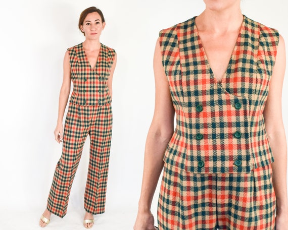 1970s Plaid Wool Pantsuit | 70s Green & Orange Pla