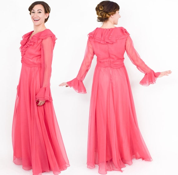 1970s Pink Evening Maxi Dress | 70s Pink Chiffon … - image 2