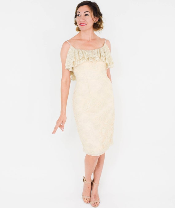 1950s Creme Floral Lace Ruffle Dress | 50s Beige … - image 5