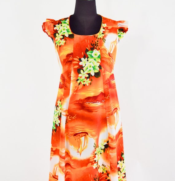 1970s Orange Floral Maxi Dress | 70s Orange Hawai… - image 8
