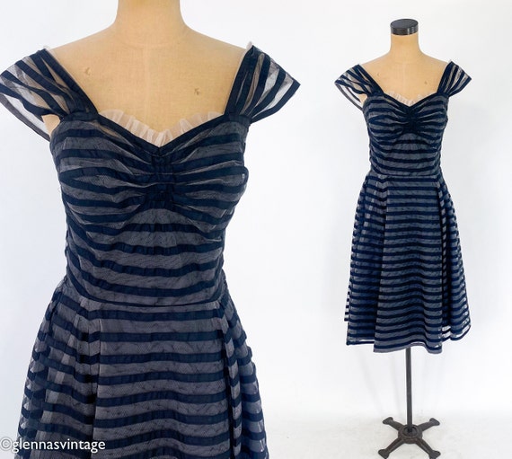 1940s Black Tulle Party Dress 40s Black Striped Sweetheart Evening Dress Medium Etsy UK