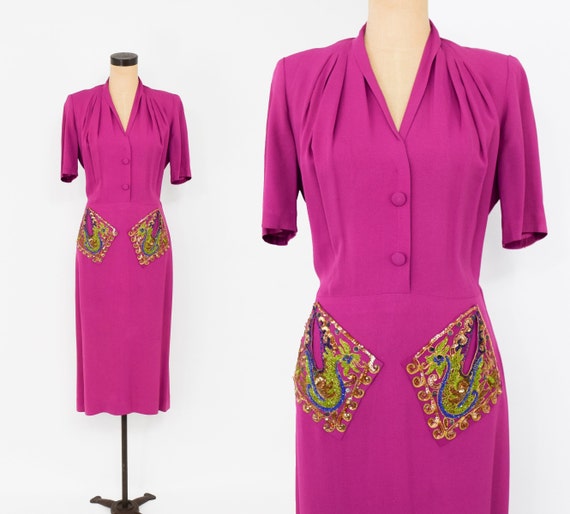 1940s Fuchsia Crepe Evening Dress | 40s Magenta Cr