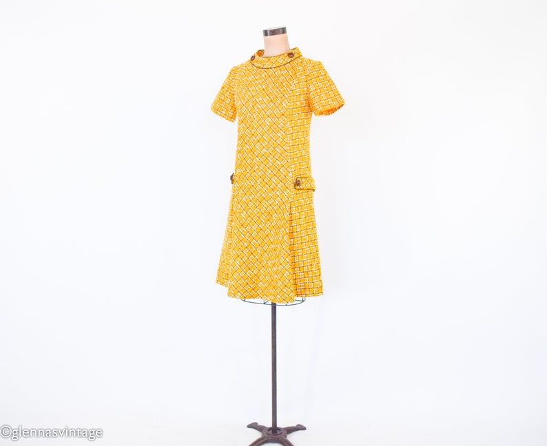 1960s Yellow Wool Plaid Dress 60s Gold Plaid Shift Dress Twiggy Style Medium image 3