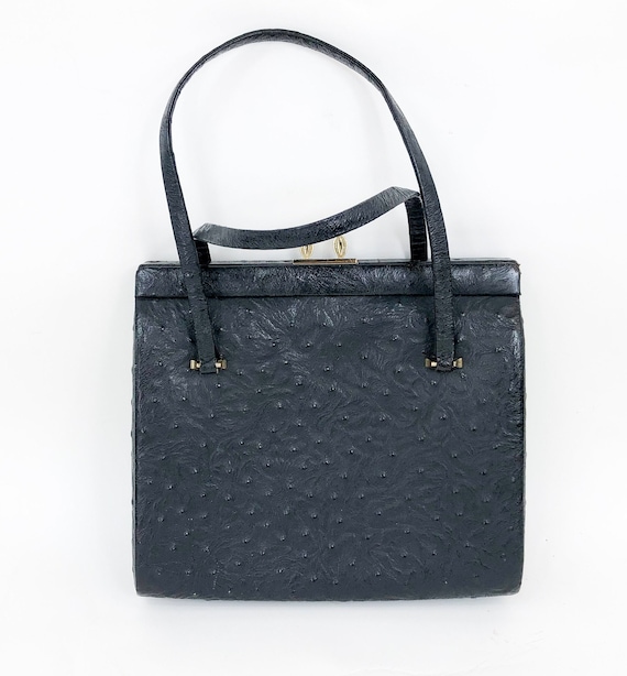 1960s Black Ostrich Handbag | 60s Black Faux Ostri