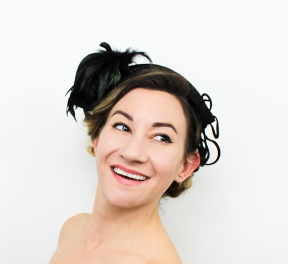 1940s Black Feather Fascinator | 40s Black Wool Fe