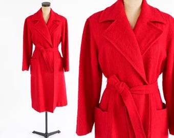 Abrigo cruzado de lana mohair roja de los años 70 / Abrigo rojo vintage / Originals by Denise, talla grande