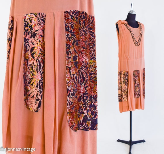 1920s Orange Silk Flapper Dress | 20s Peach & Bro… - image 2