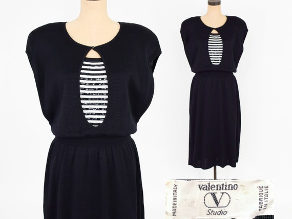 1980s Sequin Striped Knit Dress | 80s Black & Whit