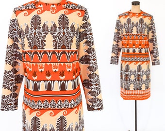1970s Orange Tiki Print Dress | 70s Orange Polyester Print Dress | Honeycomb | Medium