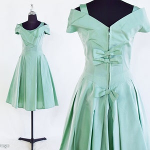 1950s Iridescent Mint Green Taffeta Cocktail Dress 50s Green Taffeta Party Dress Small image 1