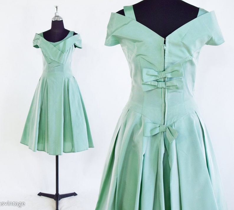 1950s Iridescent Mint Green Taffeta Cocktail Dress 50s Green Taffeta Party Dress Small image 1