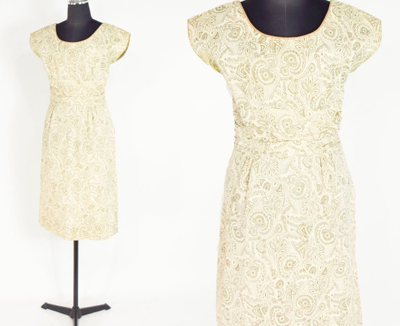 1950s Creme Cotton Print Dress | 50s Creme & Gold… - image 2