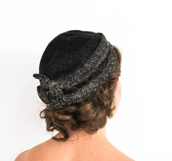 1920s Black Lamé Cap | 20s Black Knit Sparkle Hat