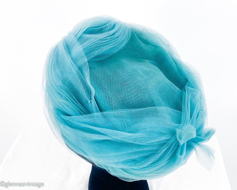 1960s Blue Tulle Hat Turquoise Blue Tulle Netting Hat Lonette image 9