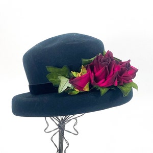 1990s Black Wool Hat 90s Black & Red Flower Hat STUDIO KOKKIN N.Y. image 4