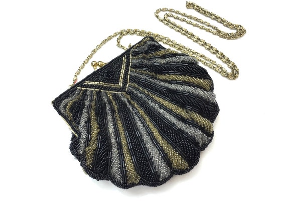 1960s Black Beaded Bag | 60s Metallic Gold Shell … - image 1