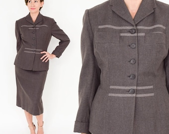 1950s Brown Wool Suit | 50s Brown Fitted Wool Skirt Suit | Julliard | Medium