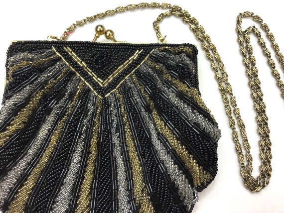 1960s Black Beaded Bag | 60s Metallic Gold Shell … - image 3