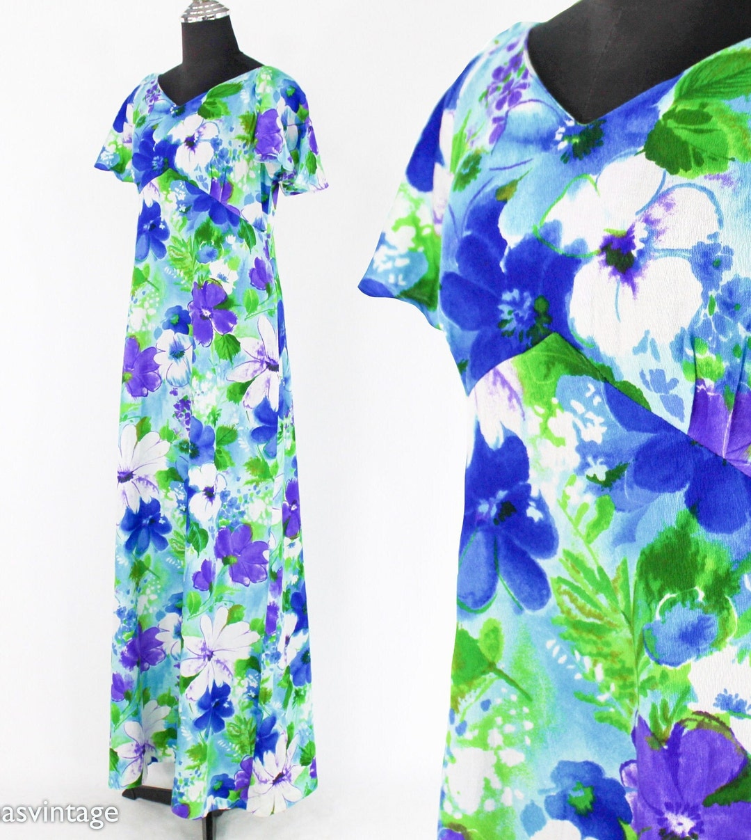 1970s Blue Flowered Maxi Dress | 70s Blue White Hawaiian Maxi Dress ...
