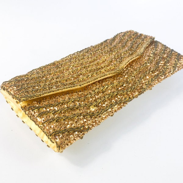 1960s Gold Sequin Evening Clutch | 60s Gold Beaded Clutch | Hong Kong