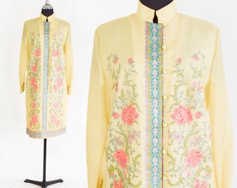 1970s Pale Yellow Print Dress | 70s Yellow Screen Print Dress | Yellow & Orange Flower Shift | Alfred Shaheen | Medium