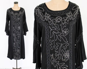 1920s Beaded Black Silk Dress | Vintage Flapper Evening Gown, Large