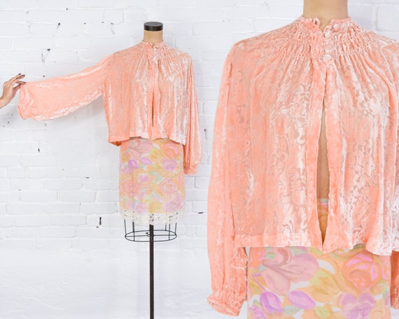 1940s Peach Velvet Bed Jacket | 40s Devore Burnout