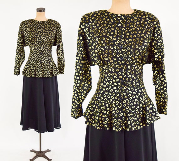 1980s Black & Gold Skirt Set | 80s Black Print Sk… - image 1