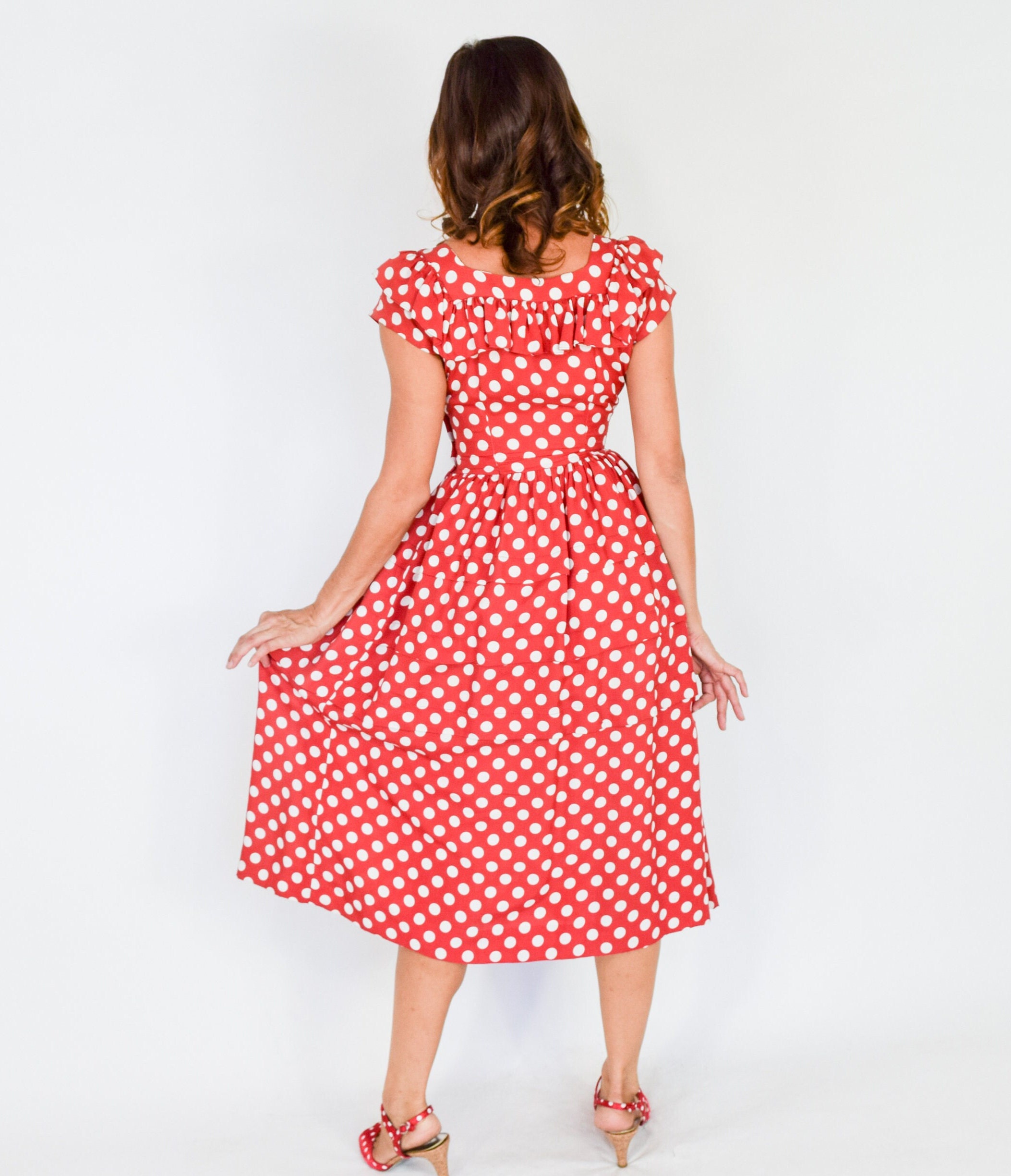 1940s Vintage Polka Dot Dress | Red & White Ruffle Sundress, XS 1940s Vintage Polka Dot Dress | Red & White Ruffle Sundress, XS