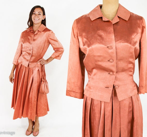 1940s Peach Satin Suit Set | 40s Orange Satin Ski… - image 8