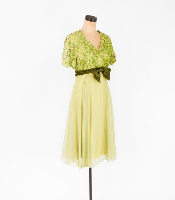 1950s Green Lace & Chiffon Party Dress | 50s Oliv… - image 4