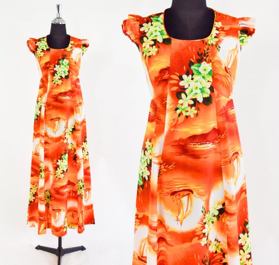 1970s Orange Floral Maxi Dress | 70s Orange Hawai… - image 1