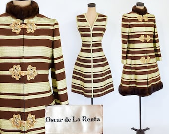 1960s Brown Gold Stripe Dress & Coat Set | 60s Gold Metallic Stripe Dress Set | Jackie O | Oscar de la Renta | Medium