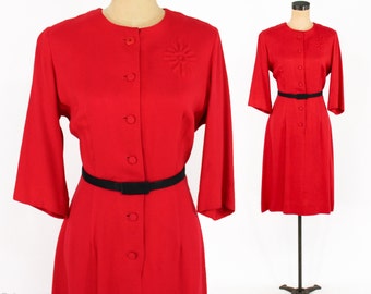 1950s Red Wool Dress | 50s Red Woven Wool Dress | Korell | Large